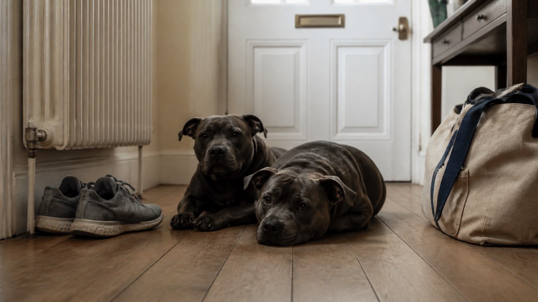Two dogs resting together in a family hallway